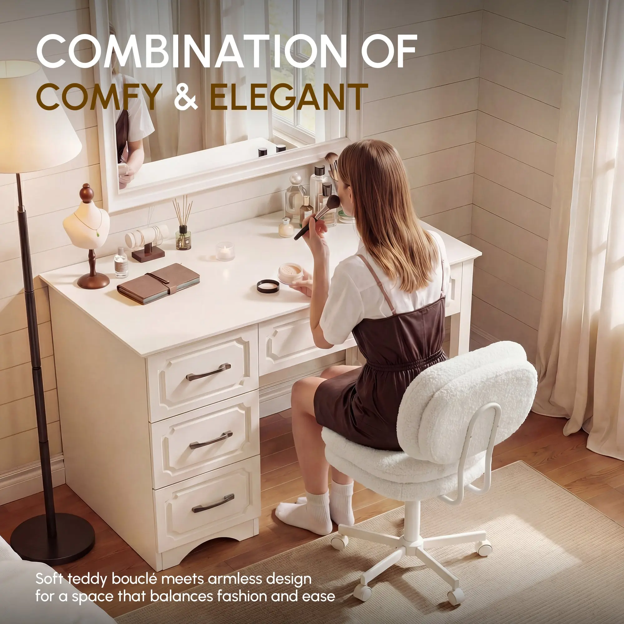 66H6 Cross-Legged Vanity Chair – Effortless Glide- White - Image 5