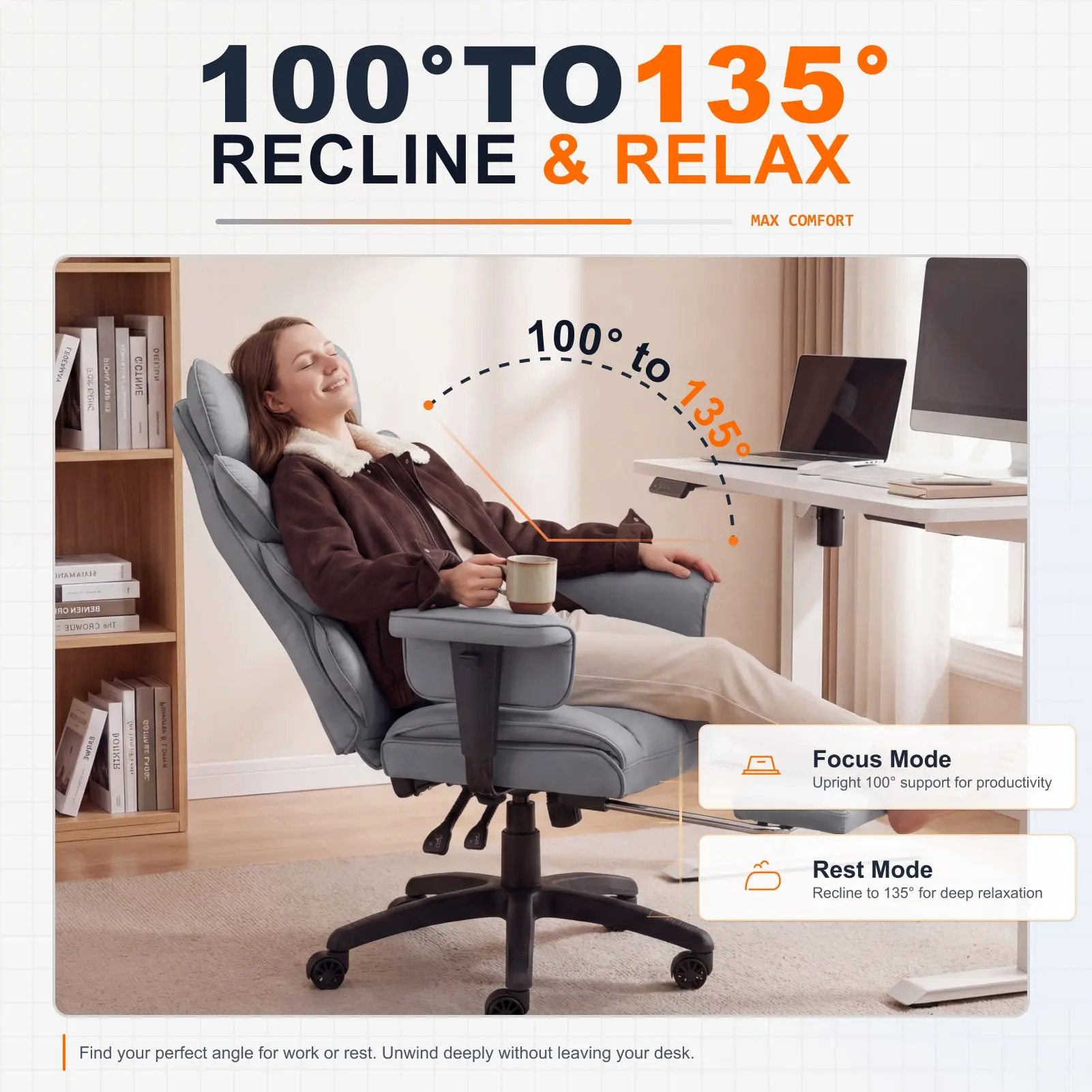 EXECUTIVE OFFICE SERIES 66B1 with 90°–135° Recline Range (PU Leather, Grey) - Image 4