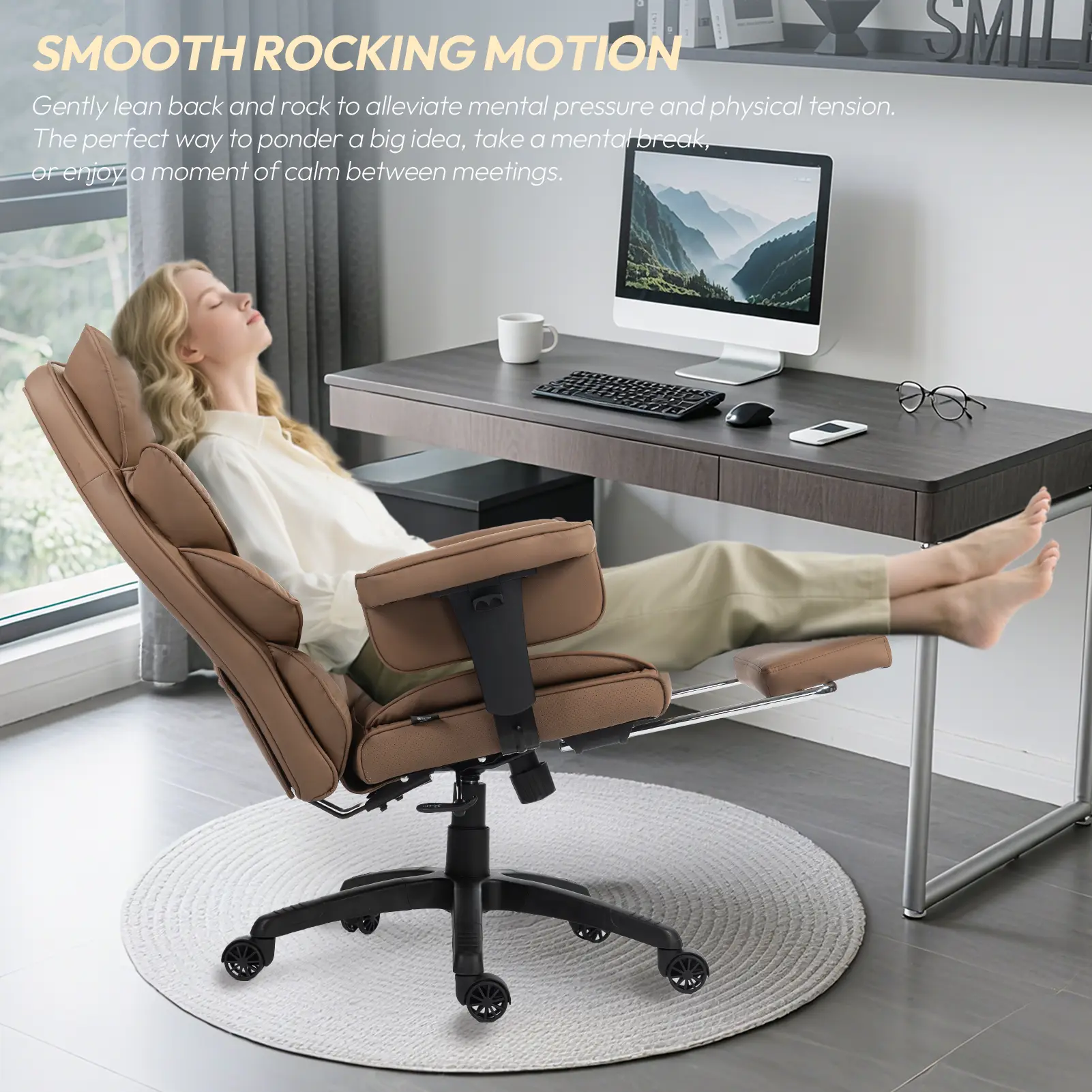 EXECUTIVE OFFICE SERIES 66B1-S with 17° Smooth Rocking Motion (PU Leather, Brown) - Image 3