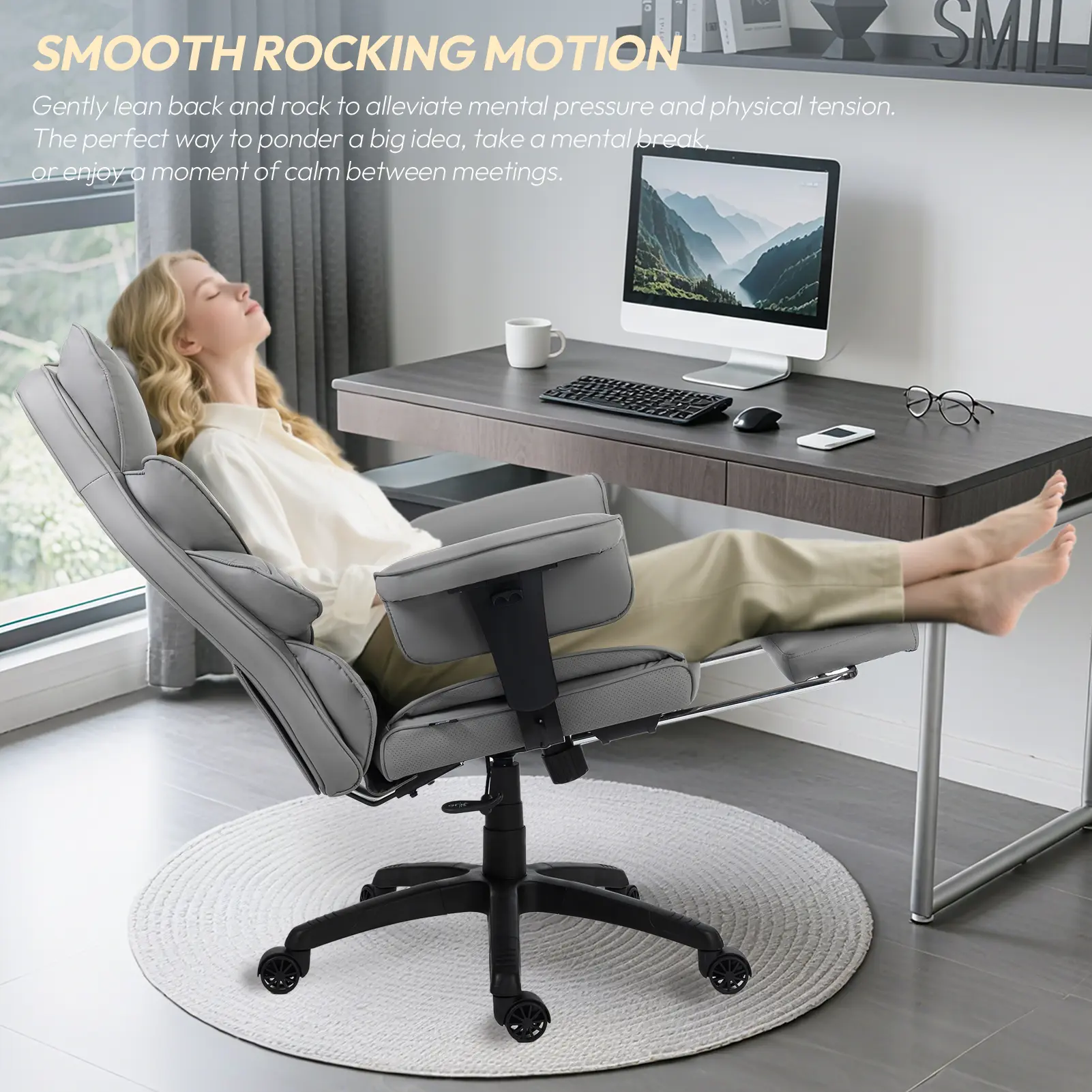 EXECUTIVE OFFICE SERIES 66B1-S with 17° Smooth Rocking Motion (PU Leather, Grey) - Image 3