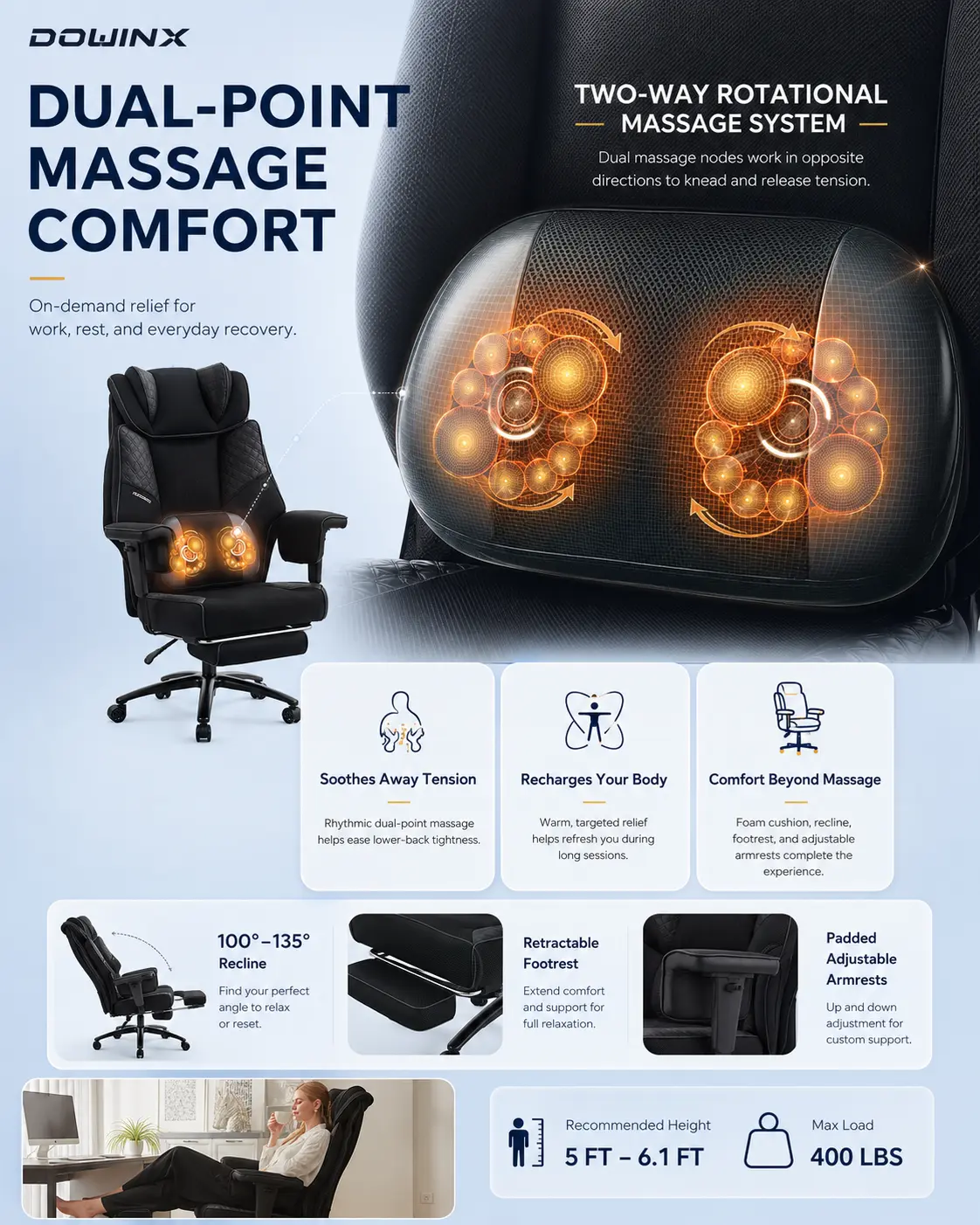Office Chair QL-66B3 -Black– Big & Tall Massage Boss Chair for Work & Relax | Dowinx - Image 3